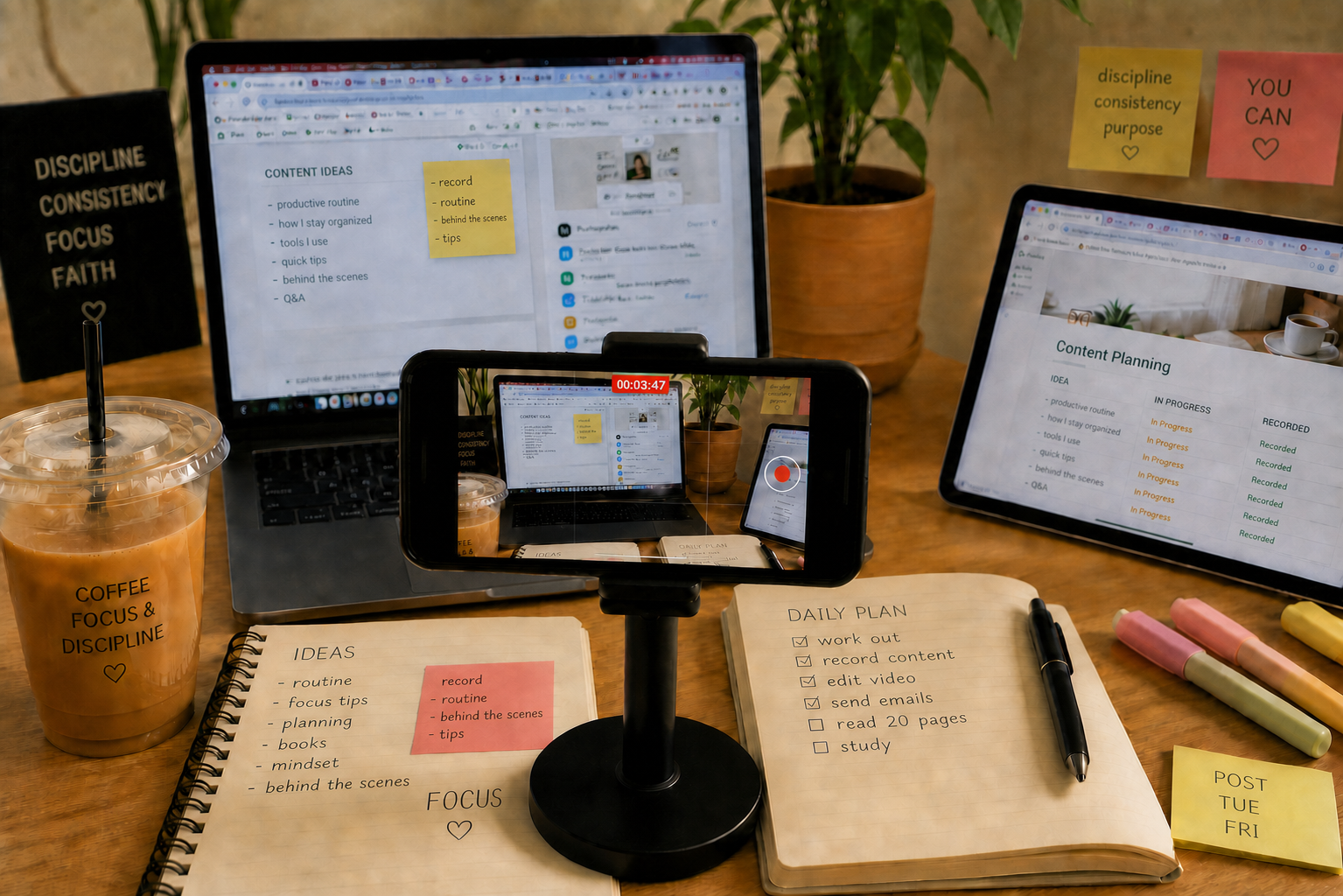 Content Creator workspace with a phone, laptop, tablet, production notes, and a recording setup