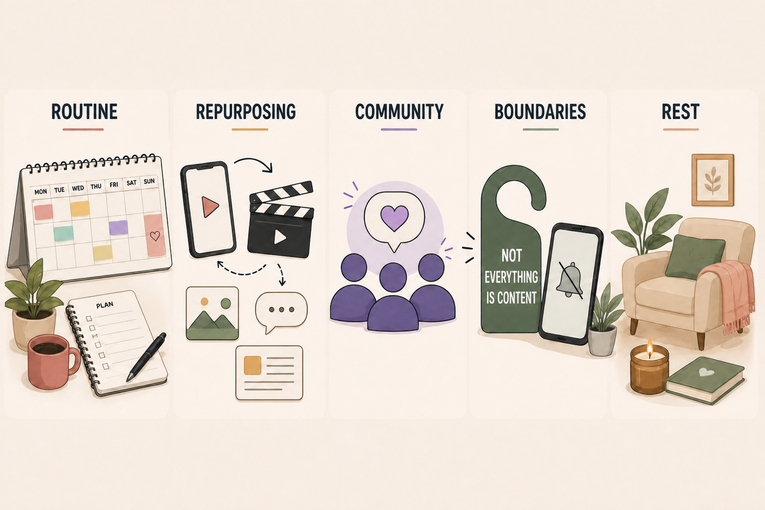 Five ways to build a sustainable creative career: routine, repurposing, community, boundaries, and rest