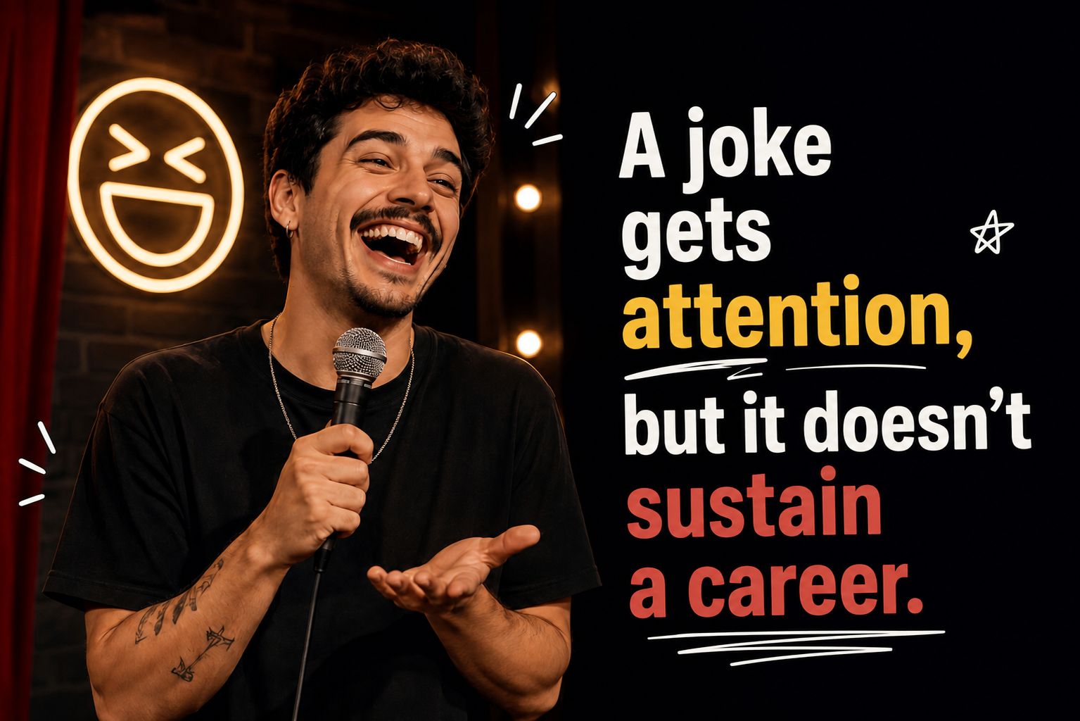 Comedian performing on stage beside the message: A joke gets attention, but it doesn't sustain a career.