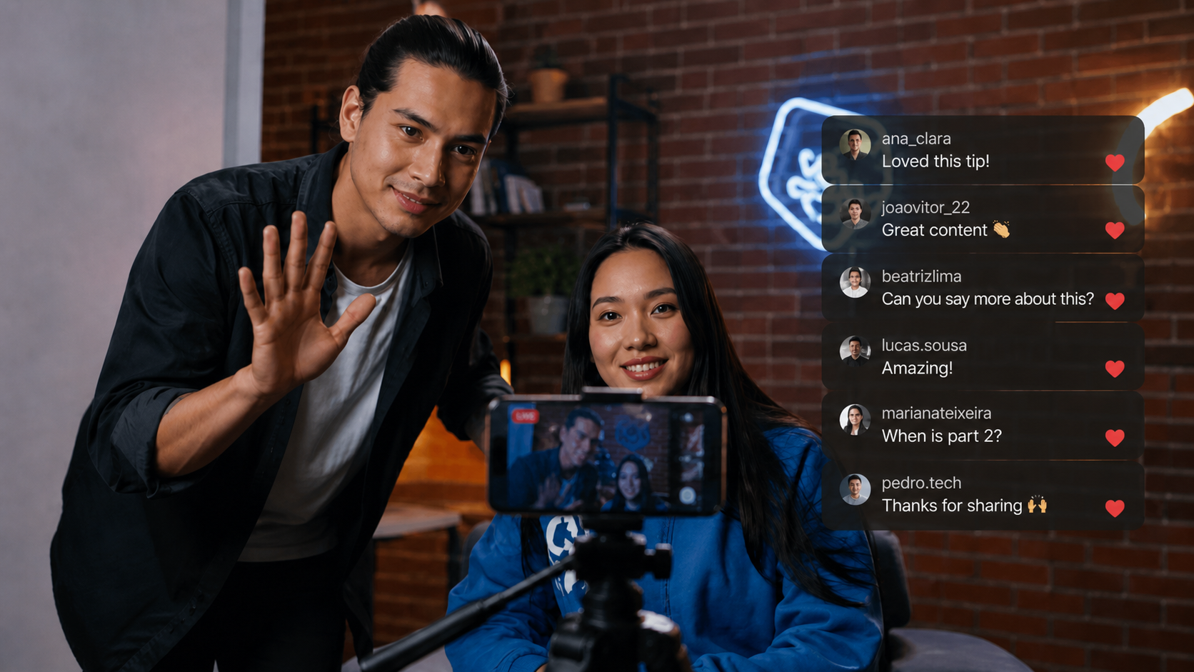 Two Creators recording a reaction video with English viewer comments on screen