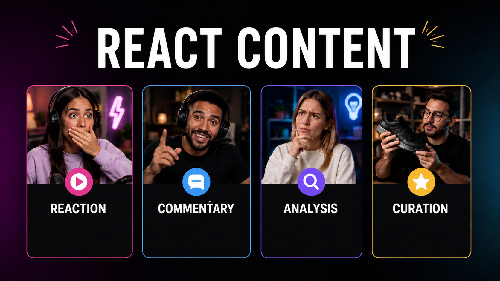 Four formats of react content: reaction, commentary, analysis, and curation