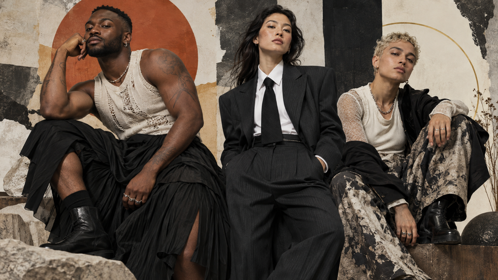 Three people in looks that challenge traditional gender codes in fashion
