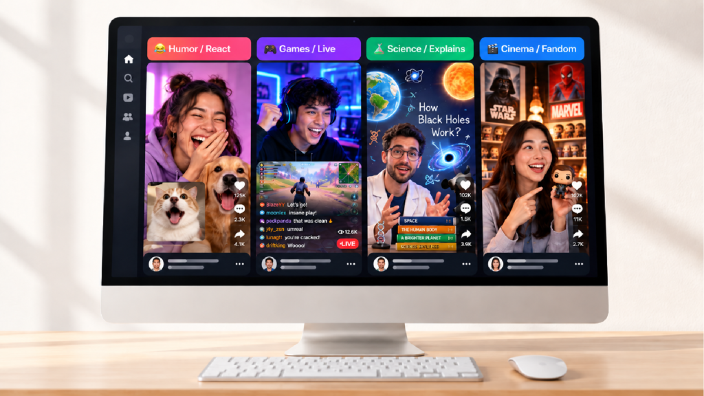 Entertainment content niches shown side by side on a computer screen
